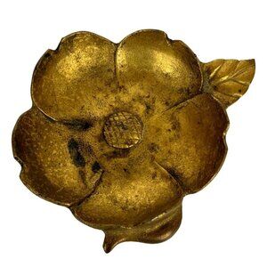Vintage Toyo Cast Iron Gold Gilded Flower Trinket Dish Japan Heavy Mid Century
